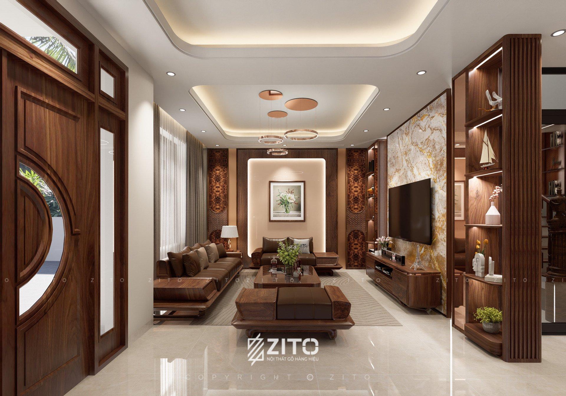 Bộ sofa gỗ óc chó phong cách hiện đại tại trung tâm phòng khách